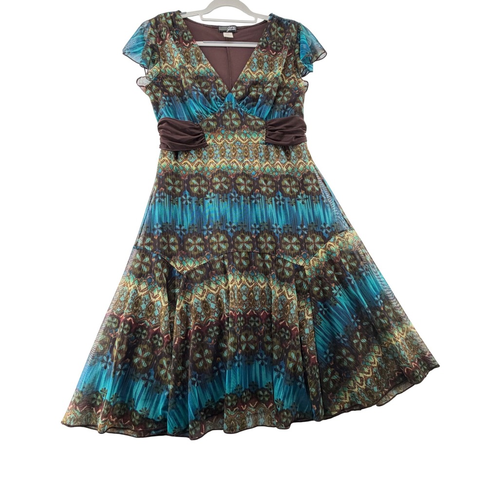 J.T.B. Mesh Overlay Abstract Print Midi Dress Womens Large Y2K Boho Festival